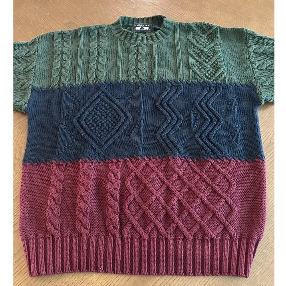 Woods & Gray Mens XL Colorblock Cable Knit Cotton Sweater Green‎ Blue Burgundy